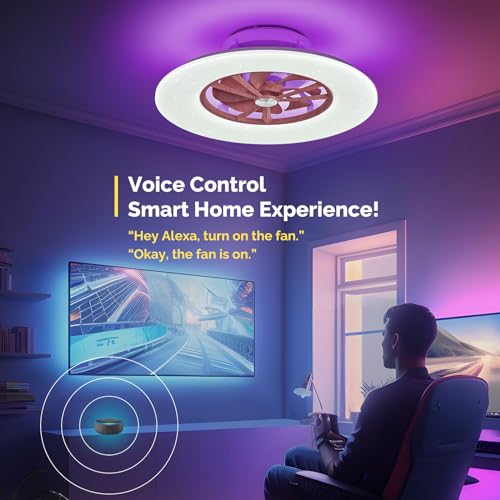 Orison RGB Ceiling Fans with Lights, 24'' Low Profile Ceiling Fan with Light and Remote, Smart Ceiling Fans with 8 blades, Compatible with Alexa, Google Home and App Controlled (Wood)