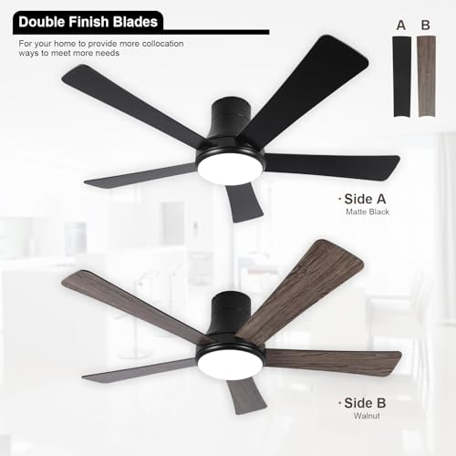 SODSEA 52 Inch Ceiling Fan with Light, Flush Mount Ceiling Fan with 5 Blades, Dimmable, Reversible Motor, 3-Colors Temperatures, 6 Speeds, Black Ceiling Fan with Remote/Alexa for Bedroom