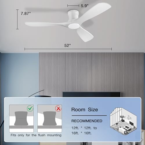 Hoenofly 52" Smart Low Profile Ceiling Fans with Lights Remote,Quiet DC Motor,Outdoor Indoor Flush Mount Ceiling Fan,Control with WIFI Alexa App,Dimmable,3 White Wood blades,for Modern Bedroom Patio