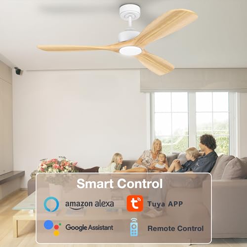 Hoenofly 52” Wood Smart Ceiling Fans with Lights Remote,Quiet DC Motor,Outdoor Indoor Ceiling Fan,Voice Control via WIFI Alexa App,Dimmable,Modern Light Wood Ceiling Fan for Bedroom Patio Porch
