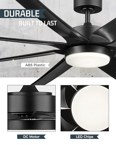 JAZAVA 70 Inch Industrial Ceiling Fans with Lights and Remote, Smart Control Black Ceiling Fan with Light, Large Ceiling Fans for Patios with 6-Speed, CF01-BK