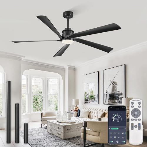 Fanbulous 64 Inch Ceiling Fans with Lights and Remote,Smart Ceiling Fan with APP Control,Reversible DC Motor,Dimmable,5 ABS Blades,Black Indoor/Outdoor Modern Low Profile Ceiling Fan with Light