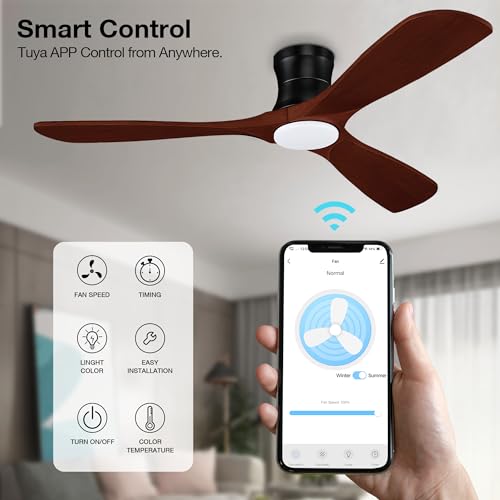 52” Smart Low Profile Ceiling Fans with Lights Remote,3 Wood blade,Quiet DC Motor,Outdoor Indoor Flush Mount Ceiling Fan,Voice Control via WIFI Alexa App,Modern Lighting& Ceiling fan for Bedroom Patio