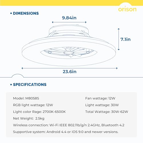 Orison RGB Ceiling Fans with Lights, 24'' Low Profile Ceiling Fan with Light and Remote, Smart Ceiling Fans with 8 blades, Compatible with Alexa, Google Home and App Controlled (Wood)