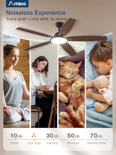 Amico Ceiling Fans with Lights, 52 inch Smart Ceiling Fan with Remote/APP/Alexa Control, Reversible DC Motor, 5 Blades, 6 Speeds, 3CCT, Dimmable, Noiseless, Wifi Ceiling Fan for Bedroom, Farmhouse
