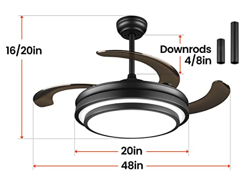 48 Inch Modern Retractable Ceiling Fan with Lights and Remote Black Smart Ceiling Fan with APP Control 6 Speed Dimmable LED Fandelier Ceiling Fan Timing Silent Reversible Motor for Bedroom Kitchen