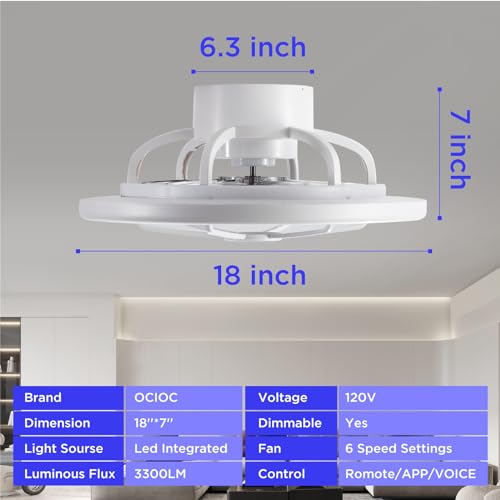 ocioc Low Profile Ceiling Fans with Lights,18 in Smart Ceiling Fans with Alexa/Google Assistant/App Control Color Changing LED-RGB Back Ambient Light for Bedroom