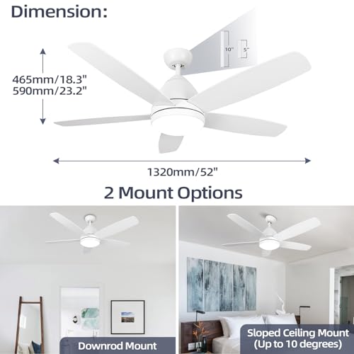 Viossn Smart Ceiling Fan With Light,52-Inch Outdoor Ceiling Fan With Remote/App,Dimmable Tri-Color LED And Reversible Motor For Indoor Bedroom/Outdoor Covered Patio,Modern White Ceiling Fan With Light