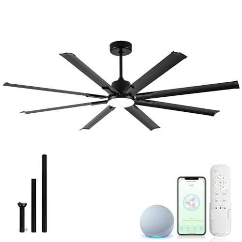 Maxslak 72 Inch Ceiling Fan with Light,Industrial Ceiling Fan with Remote Control,8 Black Aluminium Blades,6 Speed Noiseless DC Motor,Outdoor Ceiling Fan for Garage,Patio and Living Room