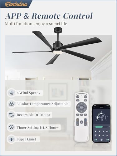 Fanbulous 64 Inch Ceiling Fans with Lights and Remote,Smart Ceiling Fan with APP Control,Reversible DC Motor,Dimmable,5 ABS Blades,Black Indoor/Outdoor Modern Low Profile Ceiling Fan with Light
