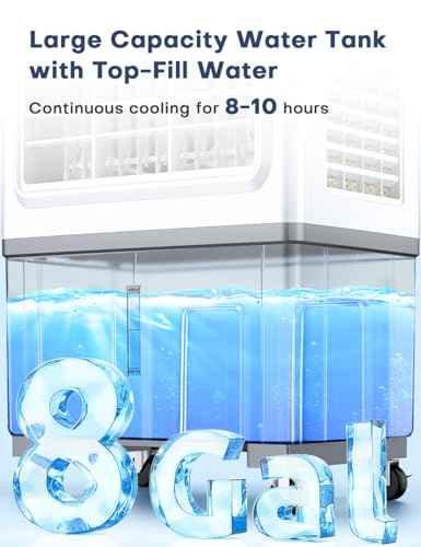 BALKO Windowless Air Conditioner, 35-INCH Swamp Cooler Air Conditioner w/2 Modes & 3 Speeds, 2100CFM, 700Sq.ft, Smart Timer for Auto off, 8Gal Tank & Remote, Wider Oscillation Evaporative Air Cooler