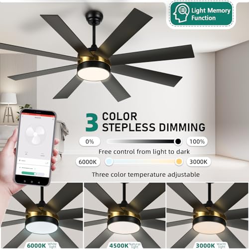 YITAHOME 60 Inch Black Gold Ceiling Fan with Lights and Remote,8 Blades,App Control, Modern Smart Ceiling Fan Compatible with Alexa for Indoor Outdoor, Reversible Quiet Motor, Memory Function