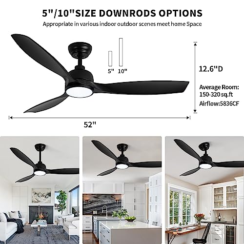 SODSEA 52 Inch Ceiling Fan with Lights, Black Modern Ceiling Fan with Remote/APP Control Dimmable 3-color Temperature,2 Rods, Low Profile Ceiling Fan Light for Indoor/Outdoor