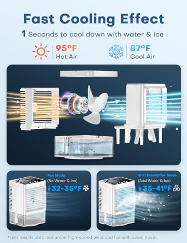 COOLECH Personal Air Conditioner w/Remote & LED Screen, 90° Oscillation, 4H Timer, 7 LED Night Light, 2 Cool Mist, 3 Speeds Evaporative Air Cooler, Portable Air Conditioners for Bedroom Desk Camping