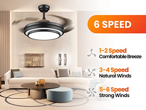 48 Inch Modern Retractable Ceiling Fan with Lights and Remote Black Smart Ceiling Fan with APP Control 6 Speed Dimmable LED Fandelier Ceiling Fan Timing Silent Reversible Motor for Bedroom Kitchen