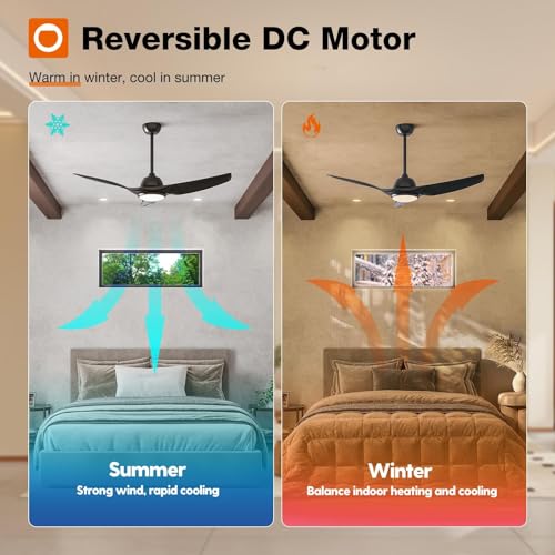 addlon Ceiling Fans with Lights, 52 Inch Smart Ceiling Fan with Remote/APP/Alexa Control, Reversible DC Motor, 6 Speeds, 3CCT Dimmable, Noiseless, Black Ceiling Fan for Bedroom, Farmhouse
