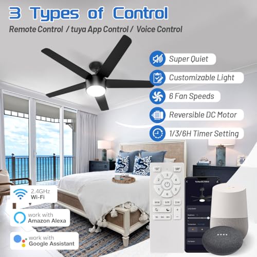 wurzee 52 Inch Smart Ceiling Fan, DC Reversible Motor Noiseless Timing 3CCT Dimmable, Black Ceiling Fan Compatible with Alexa Tuya App for Living Room Indoor & Outdoor ETL