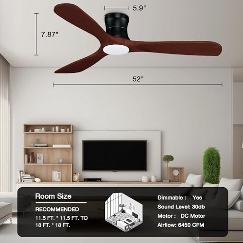 52” Smart Low Profile Ceiling Fans with Lights Remote,3 Wood blade,Quiet DC Motor,Outdoor Indoor Flush Mount Ceiling Fan,Voice Control via WIFI Alexa App,Modern Lighting& Ceiling fan for Bedroom Patio