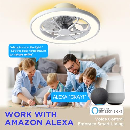 ocioc Low Profile Ceiling Fans with Lights,18 in Smart Ceiling Fans with Alexa/Google Assistant/App Control Color Changing LED-RGB Back Ambient Light for Bedroom
