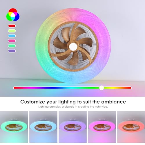 Ceiling Fans with Lights Remote - 22" Smart Low Profile Ceiling Fan RGB Lights with Alexa/Google Assistant/Voice Control, 6 Speed Dimmable Ceiling Fan LED-RGB Light (Wood Grain)