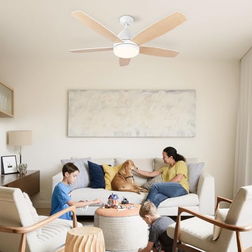Viossn Smart Ceiling Fan With Light,52-Inch Outdoor Ceiling Fan With Remote/App,Dimmable Tri-Color LED And Reversible Motor For Indoor Bedroom/Outdoor Covered Patio,Modern White Ceiling Fan With Light