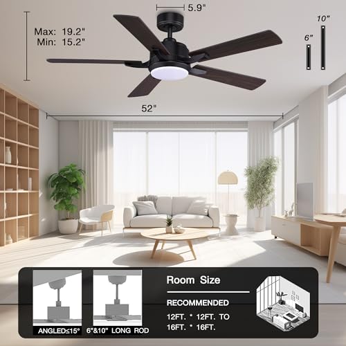 Livory 52 Smart Ceiling Fans with Lights Remote,Quiet DC Motor,Outdoor Indoor Modern Ceiling Fan,Voice Control via WIFI Alexa App,6-speed,for Farmhouse Bedroom Patio,Ventilador,Black & Walnut Grey
