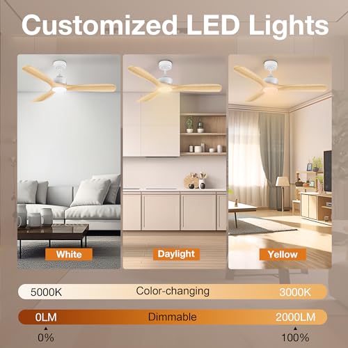 Hoenofly 52” Wood Smart Ceiling Fans with Lights Remote,Quiet DC Motor,Outdoor Indoor Ceiling Fan,Voice Control via WIFI Alexa App,Dimmable,Modern Light Wood Ceiling Fan for Bedroom Patio Porch