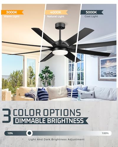 JAZAVA 70 Inch Industrial Ceiling Fans with Lights and Remote, Smart Control Black Ceiling Fan with Light, Large Ceiling Fans for Patios with 6-Speed, CF01-BK