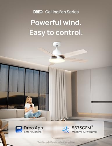 Dreo Smart Ceiling Fan with Lights, 52 Inch, 12 Speeds & 3 Fan Modes, Stepless Color Tones, Dimmable LED Light, 12H Timer, Quiet DC Motor, Remote/APP/Alexa Control, White Ceiling Fans Indoor