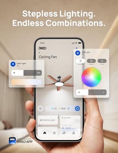 Dreo Smart Ceiling Fans with Lights, Low profile Ceiling Fan with Alexa/App, 52'' Dimmable Lighting & Color Tuning, RGB Ambient Light for Living Room, Game Room, Easy Installation, Quiet, Black