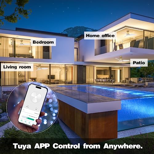 Hoenofly 48 Inch Smart Ceiling Fans with Lights and Remote Control,Dimmable LED Light,Outdoor Indoor Gold White Ceiling Fan,Quiet DC Motor,WIFI Alexa App Workable,for Modern Bedroom Living Room Patio