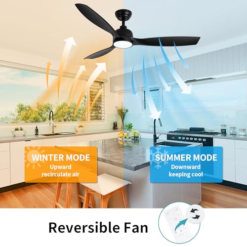 SODSEA 52 Inch Ceiling Fan with Lights, Black Modern Ceiling Fan with Remote/APP Control Dimmable 3-color Temperature,2 Rods, Low Profile Ceiling Fan Light for Indoor/Outdoor