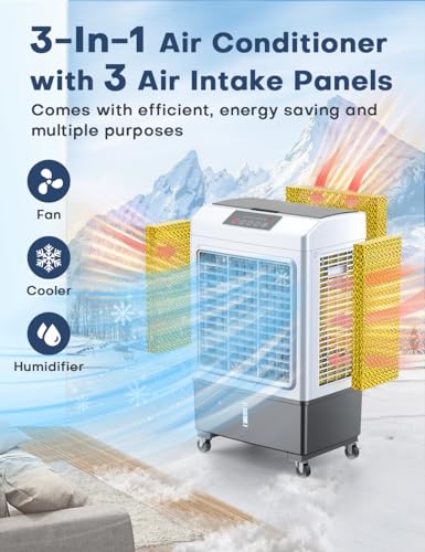 BALKO Windowless Air Conditioner, 35-INCH Swamp Cooler Air Conditioner w/2 Modes & 3 Speeds, 2100CFM, 700Sq.ft, Smart Timer for Auto off, 8Gal Tank & Remote, Wider Oscillation Evaporative Air Cooler