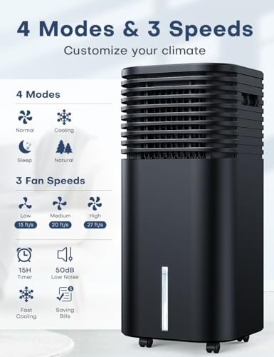 TEMEIKE 4-in-1 Portable Air Conditioners, Evaporative Air Cooler w/ 4 Modes & 3 Speeds, 15H Timer for Smart Auto-off, 2-Gal Tank for 20H Cooling,17FT Remote,No Hose Needed,120°Oscillating Swamp Cooler