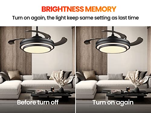 48 Inch Modern Retractable Ceiling Fan with Lights and Remote Black Smart Ceiling Fan with APP Control 6 Speed Dimmable LED Fandelier Ceiling Fan Timing Silent Reversible Motor for Bedroom Kitchen