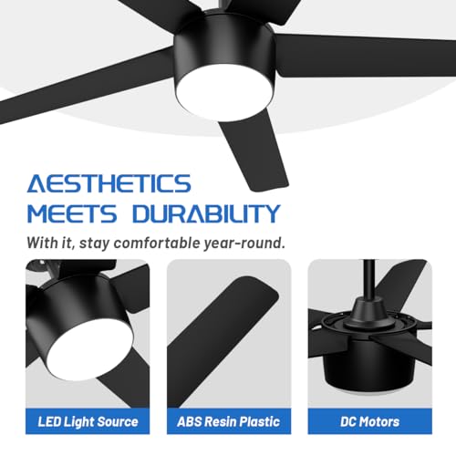 wurzee 52 Inch Smart Ceiling Fan, DC Reversible Motor Noiseless Timing 3CCT Dimmable, Black Ceiling Fan Compatible with Alexa Tuya App for Living Room Indoor & Outdoor ETL