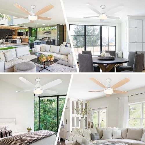 Viossn Smart Ceiling Fan With Light,52-Inch Outdoor Ceiling Fan With Remote/App,Dimmable Tri-Color LED And Reversible Motor For Indoor Bedroom/Outdoor Covered Patio,Modern White Ceiling Fan With Light
