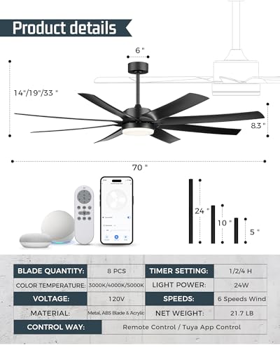 JAZAVA 70 Inch Industrial Ceiling Fans with Lights and Remote, Smart Control Black Ceiling Fan with Light, Large Ceiling Fans for Patios with 6-Speed, CF01-BK