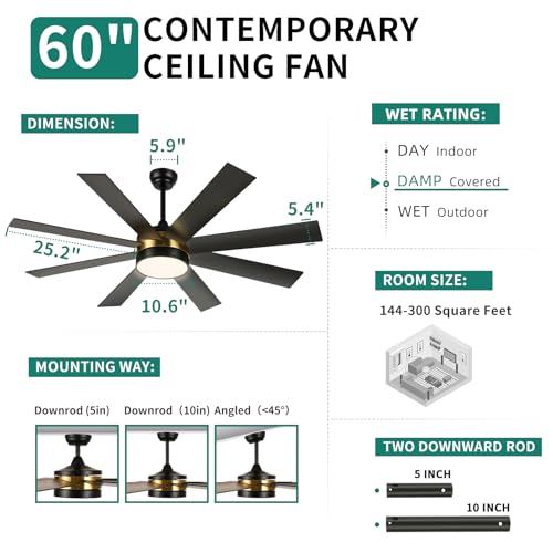 YITAHOME 60 Inch Black Gold Ceiling Fan with Lights and Remote,8 Blades,App Control, Modern Smart Ceiling Fan Compatible with Alexa for Indoor Outdoor, Reversible Quiet Motor, Memory Function