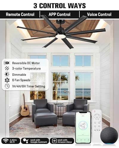 Maxslak 72 Inch Ceiling Fan with Light,Industrial Ceiling Fan with Remote Control,8 Black Aluminium Blades,6 Speed Noiseless DC Motor,Outdoor Ceiling Fan for Garage,Patio and Living Room