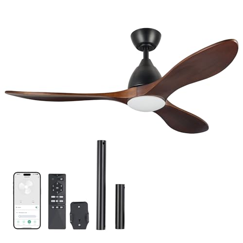 VONLUCE Ceiling Fans with Lights, 52 inch Smart Ceiling Fan with Remote/APP/Alexa Control, 3 Blades, 6 Speeds, Reversible DC Motor, Noiseless, Wood Ceiling Fan for Bedroom, Farmhouse, Black