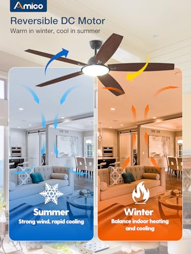 Amico Ceiling Fans with Lights, 52 inch Smart Ceiling Fan with Remote/APP/Alexa Control, Reversible DC Motor, 5 Blades, 6 Speeds, 3CCT, Dimmable, Noiseless, Wifi Ceiling Fan for Bedroom, Farmhouse