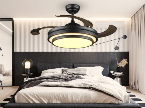 48 Inch Modern Retractable Ceiling Fan with Lights and Remote Black Smart Ceiling Fan with APP Control 6 Speed Dimmable LED Fandelier Ceiling Fan Timing Silent Reversible Motor for Bedroom Kitchen