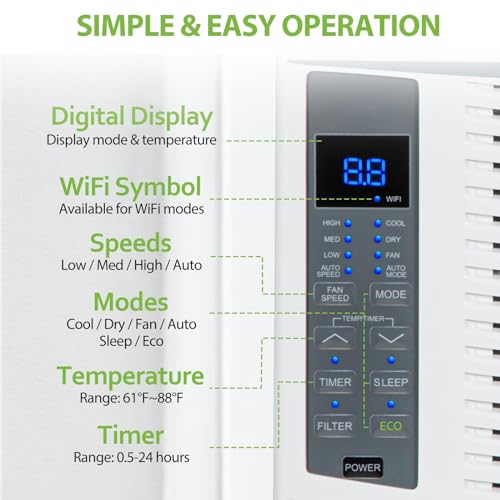 WiFi Enabled 6,000 BTU Window Air Conditioner, Smart Window AC Unit with Remote, Energy Saving, Easy Install Kit, Cools up to 250 Square Feet
