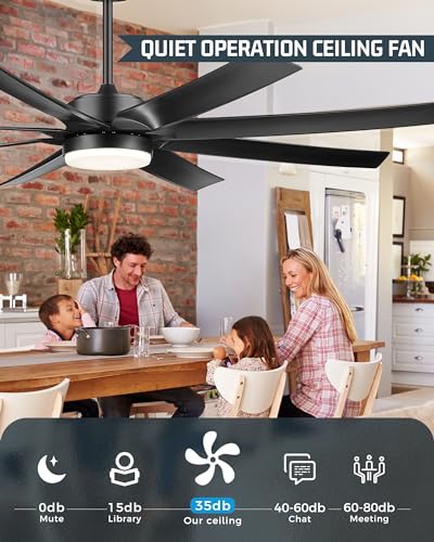 JAZAVA 70 Inch Industrial Ceiling Fans with Lights and Remote, Smart Control Black Ceiling Fan with Light, Large Ceiling Fans for Patios with 6-Speed, CF01-BK