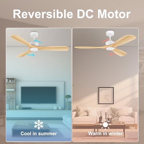 Hoenofly 52” Wood Smart Ceiling Fans with Lights Remote,Quiet DC Motor,Outdoor Indoor Ceiling Fan,Voice Control via WIFI Alexa App,Dimmable,Modern Light Wood Ceiling Fan for Bedroom Patio Porch