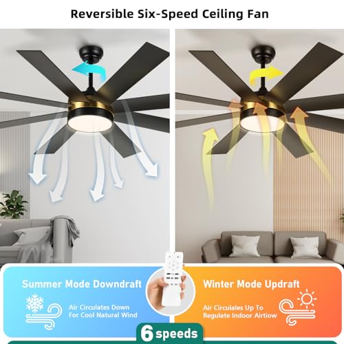 YITAHOME 60 Inch Black Gold Ceiling Fan with Lights and Remote,8 Blades,App Control, Modern Smart Ceiling Fan Compatible with Alexa for Indoor Outdoor, Reversible Quiet Motor, Memory Function