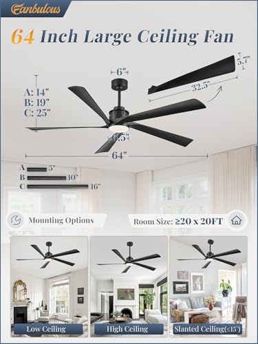Fanbulous 64 Inch Ceiling Fans with Lights and Remote,Smart Ceiling Fan with APP Control,Reversible DC Motor,Dimmable,5 ABS Blades,Black Indoor/Outdoor Modern Low Profile Ceiling Fan with Light