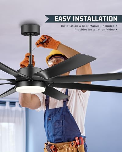 JAZAVA 70 Inch Industrial Ceiling Fans with Lights and Remote, Smart Control Black Ceiling Fan with Light, Large Ceiling Fans for Patios with 6-Speed, CF01-BK