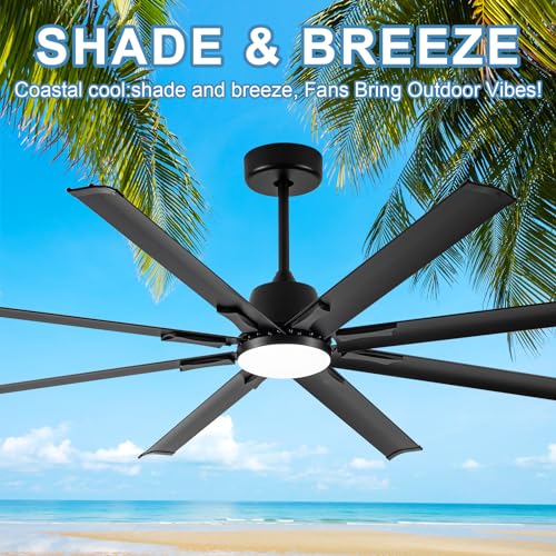 Maxslak 72 Inch Ceiling Fan with Light,Industrial Ceiling Fan with Remote Control,8 Black Aluminium Blades,6 Speed Noiseless DC Motor,Outdoor Ceiling Fan for Garage,Patio and Living Room